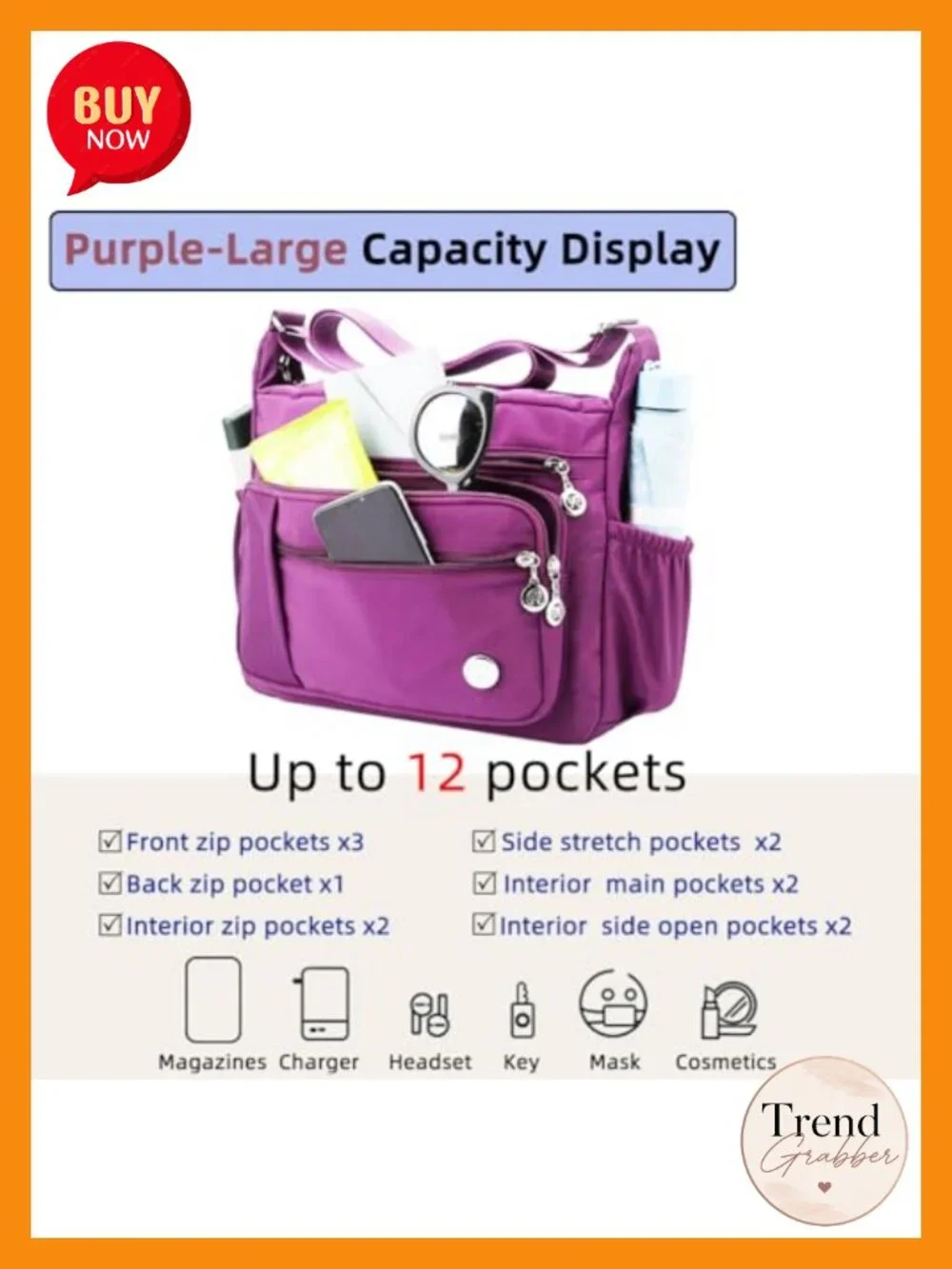 Waterproof Nylon Shoulder Bag Crossbody Purse Multiple Pockets Satchel Tote